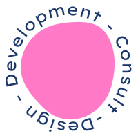 Pink irregular circular shape with blue text curving around it reading \x27Design • Development • Consulting\x27.