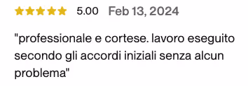 Five gold stars rating with score 5.00 dated Feb 13, 2024, featuring a review in Italian praising professional and courteous work completed as agreed without any issues.