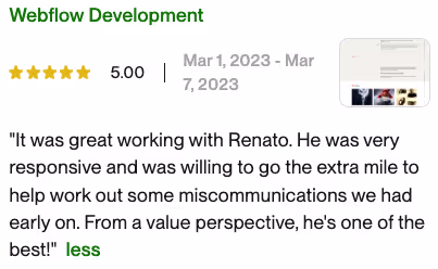 Client testimonial for Webflow Development with a 5-star rating and a 5.00 score, praising Renato for responsiveness and problem-solving, dated Mar 1 to Mar 7, 2023.