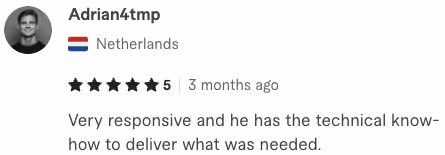 User Adrian4tmp from the Netherlands with a 5-star rating and a review praising technical expertise and responsiveness.
