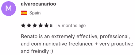 User alvarocanarioo from Spain gives a 5-star review praising Renato as an effective, professional, communicative, proactive, and friendly freelancer.